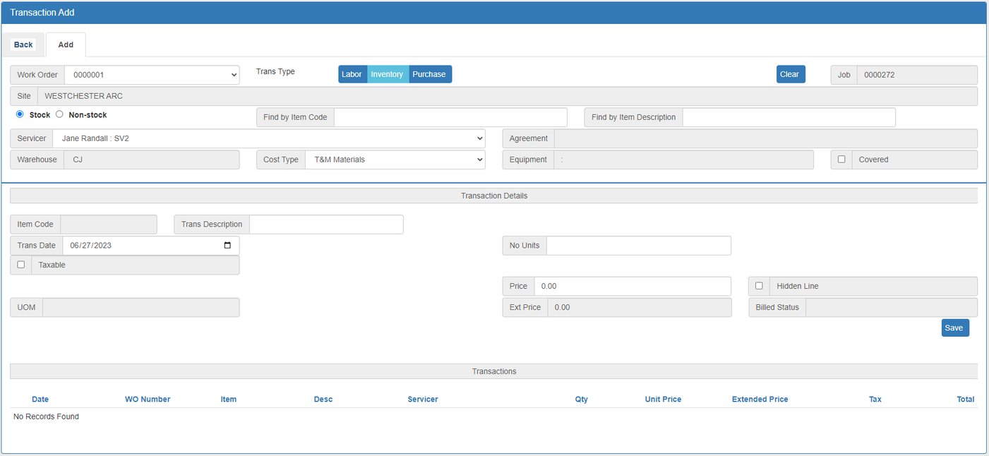 Transaction Entry - Inventory